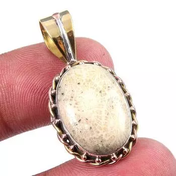 Natural Fossil Coral 925 Solid Sterling Silver TwoTone Gift Pendant 1.25 o7H39