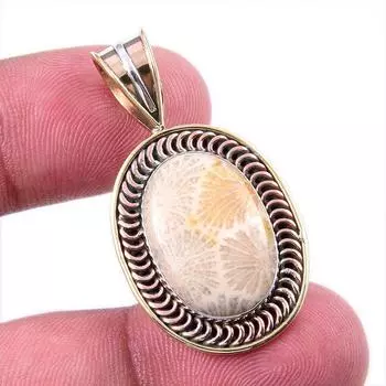 Natural Fossil Coral 925 Solid Sterling Silver TwoTone Gift Pendant 1.50 H6o98