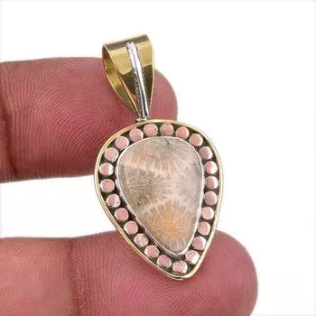 Natural Fossil Coral 925 Solid Sterling Silver TwoTone Gift Pendant 1.25 R9P91