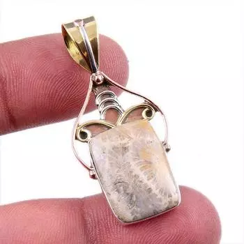 Natural Fossil Coral 925 Solid Sterling Silver TwoTone Gift Pendant 1.75 k4Y92