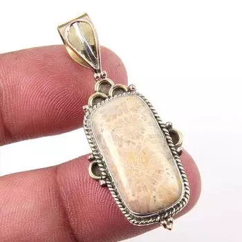 Natural Fossil Coral 925 Solid Sterling Silver TwoTone Gift Pendant 1.75 n0S20