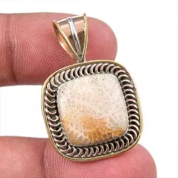 Natural Fossil Coral 925 Solid Sterling Silver TwoTone Gift Pendant 1.50 J8k93