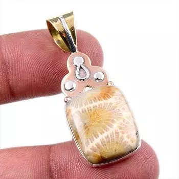 Natural Fossil Coral 925 Solid Sterling Silver TwoTone Gift Pendant 1.75 Y6p51