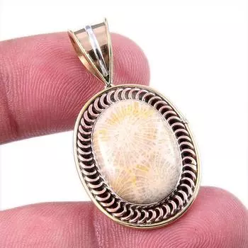 Natural Fossil Coral 925 Solid Sterling Silver TwoTone Gift Pendant 1.50 J4s34