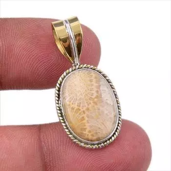 Natural Fossil Coral 925 Solid Sterling Silver TwoTone Gift Pendant 1.25 T5E00