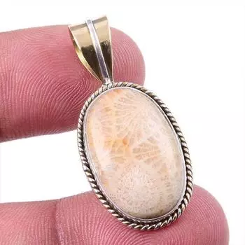 Natural Fossil Coral 925 Solid Sterling Silver TwoTone Gift Pendant 1.25 B0a99