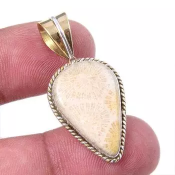 Natural Fossil Coral 925 Solid Sterling Silver TwoTone Gift Pendant 1.50 T2E81