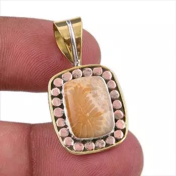 Natural Fossil Coral 925 Solid Sterling Silver TwoTone Gift Pendant 1.25 H4e91