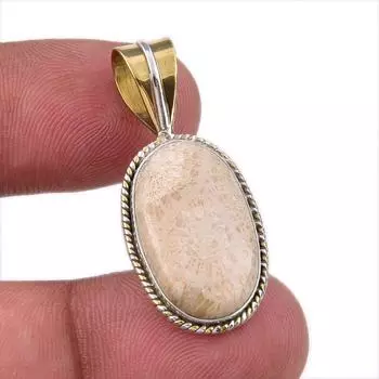 Natural Fossil Coral 925 Solid Sterling Silver TwoTone Gift Pendant 1.50 A1K14