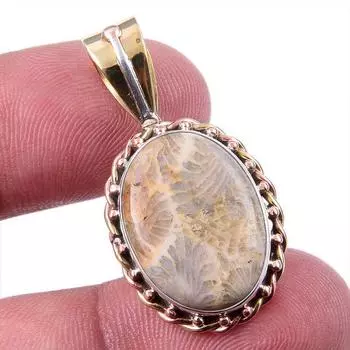 Natural Fossil Coral 925 Solid Sterling Silver TwoTone Gift Pendant 1.25 b0I85