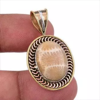 Natural Fossil Coral 925 Solid Sterling Silver TwoTone Gift Pendant 1.50 i7r90
