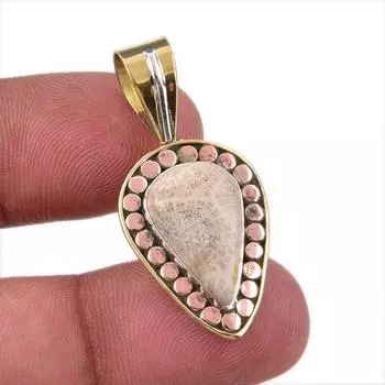 Natural Fossil Coral 925 Solid Sterling Silver TwoTone Gift Pendant 1.25 K9Q85