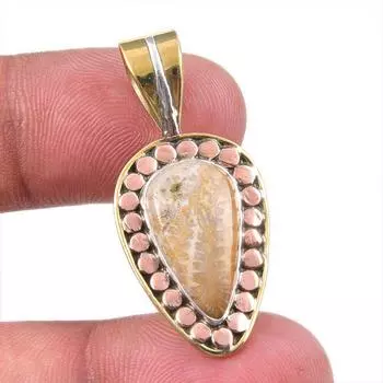 Natural Fossil Coral 925 Solid Sterling Silver TwoTone Gift Pendant 1.50 f3m98