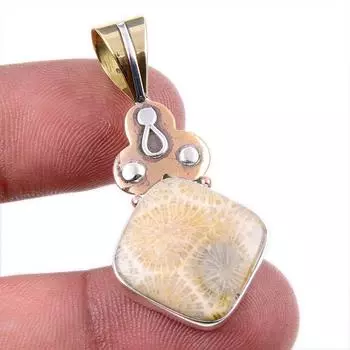 Natural Fossil Coral 925 Solid Sterling Silver TwoTone Gift Pendant 1.75 p3A59