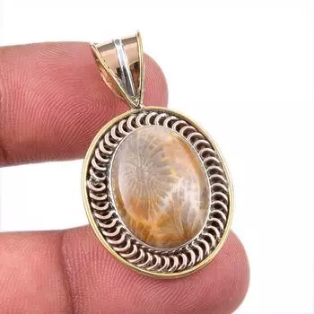 Natural Fossil Coral 925 Solid Sterling Silver TwoTone Gift Pendant 1.50 U9S66