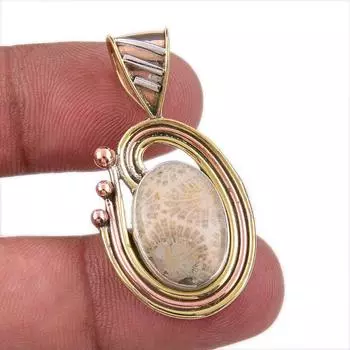 Natural Fossil Coral 925 Solid Sterling Silver TwoTone Gift Pendant 1.50 W9h88
