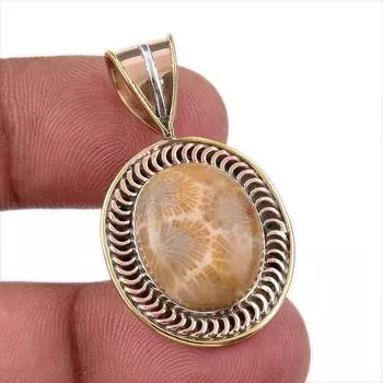 Natural Fossil Coral 925 Solid Sterling Silver TwoTone Gift Pendant 1.50 F7M54