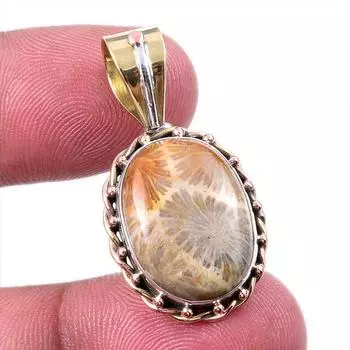 Natural Fossil Coral 925 Solid Sterling Silver TwoTone Gift Pendant 1.50 n2y77