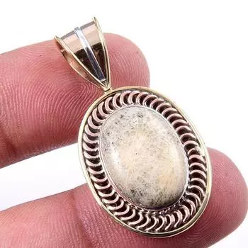 Natural Fossil Coral 925 Solid Sterling Silver TwoTone Gift Pendant 1.50 d4W27