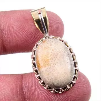 Natural Fossil Coral 925 Solid Sterling Silver TwoTone Gift Pendant 1.50 N7w04