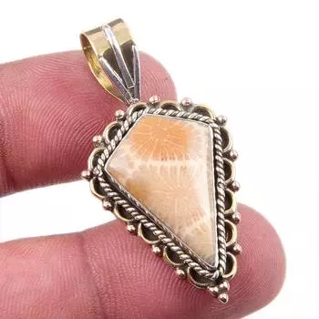 Natural Fossil Coral 925 Solid Sterling Silver TwoTone Gift Pendant 1.50 n4C12