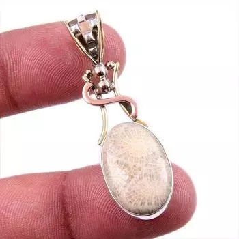 Natural Fossil Coral 925 Solid Sterling Silver TwoTone Gift Pendant 1.75 n0z62