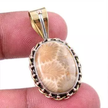 Natural Fossil Coral 925 Solid Sterling Silver TwoTone Gift Pendant 1.50 C9k84