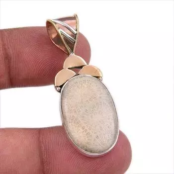 Natural Fossil Coral 925 Solid Sterling Silver TwoTone Gift Pendant 1.75 J2e81