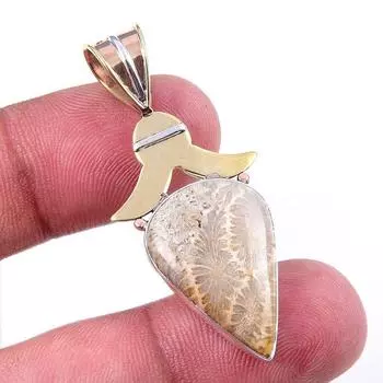 Natural Fossil Coral 925 Solid Sterling Silver TwoTone Gift Pendant 1.75 o2e82