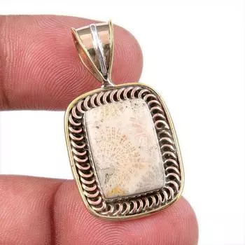 Natural Fossil Coral 925 Solid Sterling Silver TwoTone Gift Pendant 1.50 w7a60