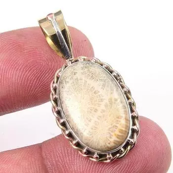 Natural Fossil Coral 925 Solid Sterling Silver TwoTone Gift Pendant 1.50 h6N88