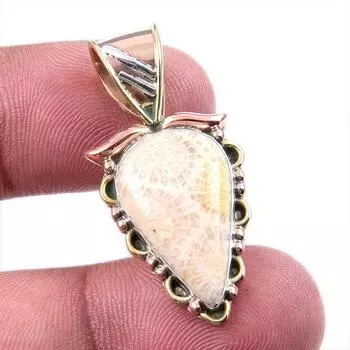 Natural Fossil Coral 925 Solid Sterling Silver TwoTone Gift Pendant 1.50 e1O16