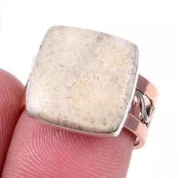 Natural Fossil Coral Gemstone 925 Solid Silver Jewelry Two Tone Ring S.7US V1O34