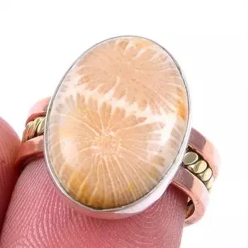 Natural Fossil Coral Gemstone 925 Solid Silver TwoTone Gift Ring S.6.5US d9j98