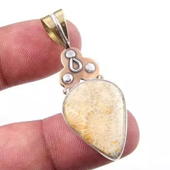 Natural Fossil Coral Gemstone 925 Solid Sterling Silver Two Tone Pendant 2 N9s13