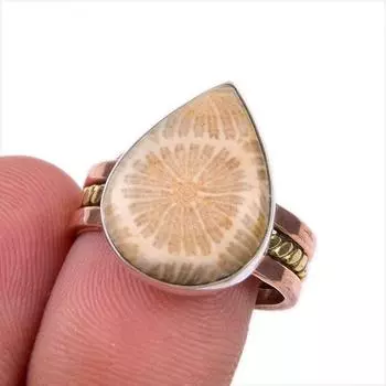 Natural Fossil Coral Gemstone 925 Solid Sterling Silver Two Tone Ring S.7.5 K4t63