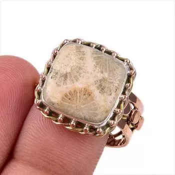 Natural Fossil Coral Gemstone 925 Solid Sterling Silver Two Tone Ring S.9 D4N44