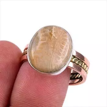 Natural Fossil Coral Gemstone 925 Solid Sterling Silver Two Tone Ring S.10 N9w64