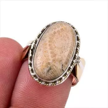 Natural Fossil Coral Gemstone 925 Solid Sterling Silver Two Tone Ring S.7 e7o27