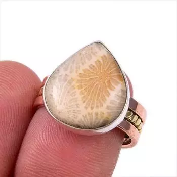 Natural Fossil Coral Gemstone 925 Solid Sterling Silver Two Tone Ring S.7 t5r57
