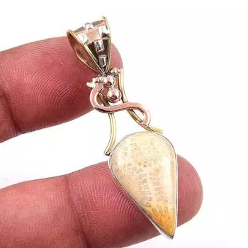 Natural Fossil Coral Gemstone 925 Solid Sterling Silver Two Tone Pendant 2 B4H51