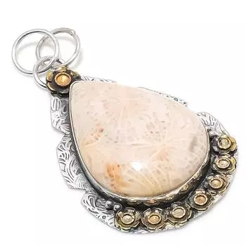 Двухцветный кулон из натурального ископаемого коралла из стерлингового серебра 925 пробы 2,52 дюйма r4v93