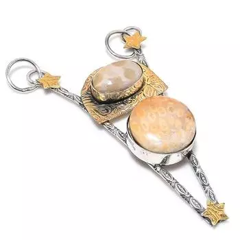 Двухцветный кулон из натурального ископаемого коралла из стерлингового серебра 925 пробы 3,39 дюйма g2D26