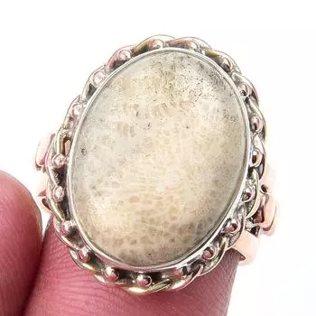 Natural Fossil Coral Gemstone 925 Sterling Silver Jewelry Two Tone Ring S.6 G3m12