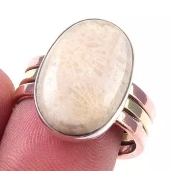 Natural Fossil Coral Gemstone 925 Sterling Silver Jewelry Two Tone Ring S.8 E7V86