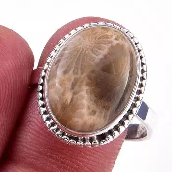 Natural Fossil Coral Gemstone Handmade 925 Solid Sterling Silver Ring S.10 I0L16