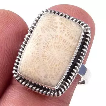 Natural Fossil Coral Gemstone Handmade 925 Solid Sterling Silver Ring S.8 T5O96