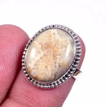 Natural Fossil Coral Gemstone Handmade 925 Solid Sterling Silver Ring S.6 G0F16