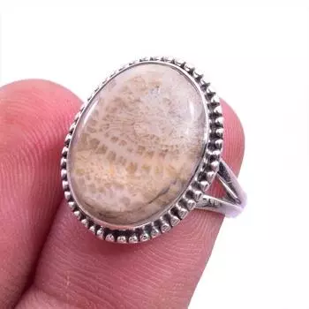 Natural Fossil Coral Gemstone Handmade 925 Solid Sterling Silver Ring S.6 I9V63