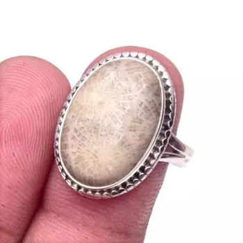 Natural Fossil Coral Gemstone Handmade 925 Solid Sterling Silver Ring S.8 l6g34